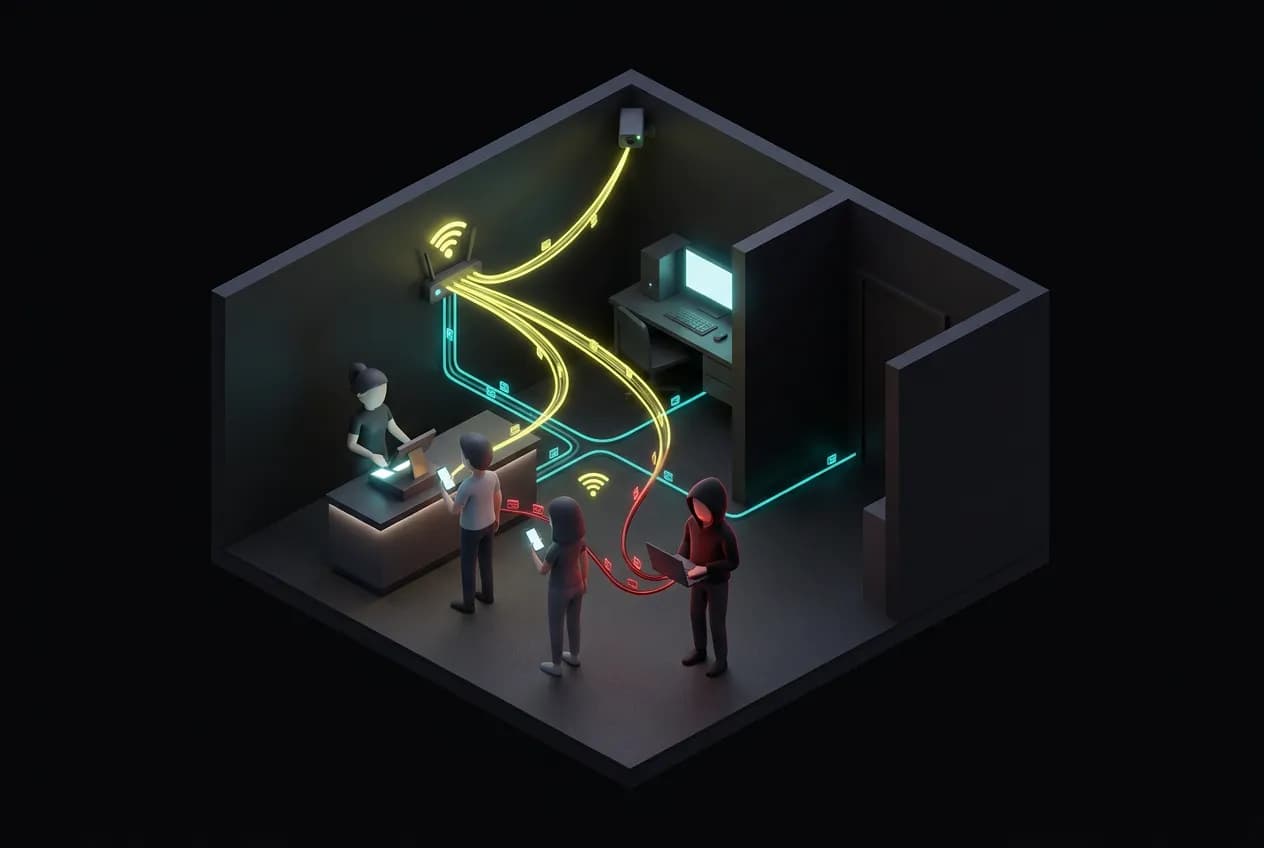 Diagrama animado de la red de un negocio: cómo viaja la información por WiFi y cable, y qué datos quedan expuestos