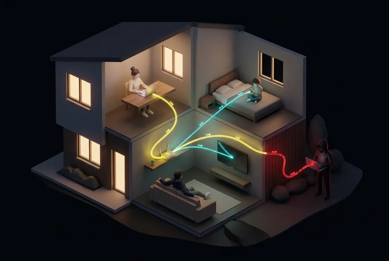 Diagrama animado de la red de una casa: cómo viaja la información por WiFi y cable, y qué datos quedan expuestos