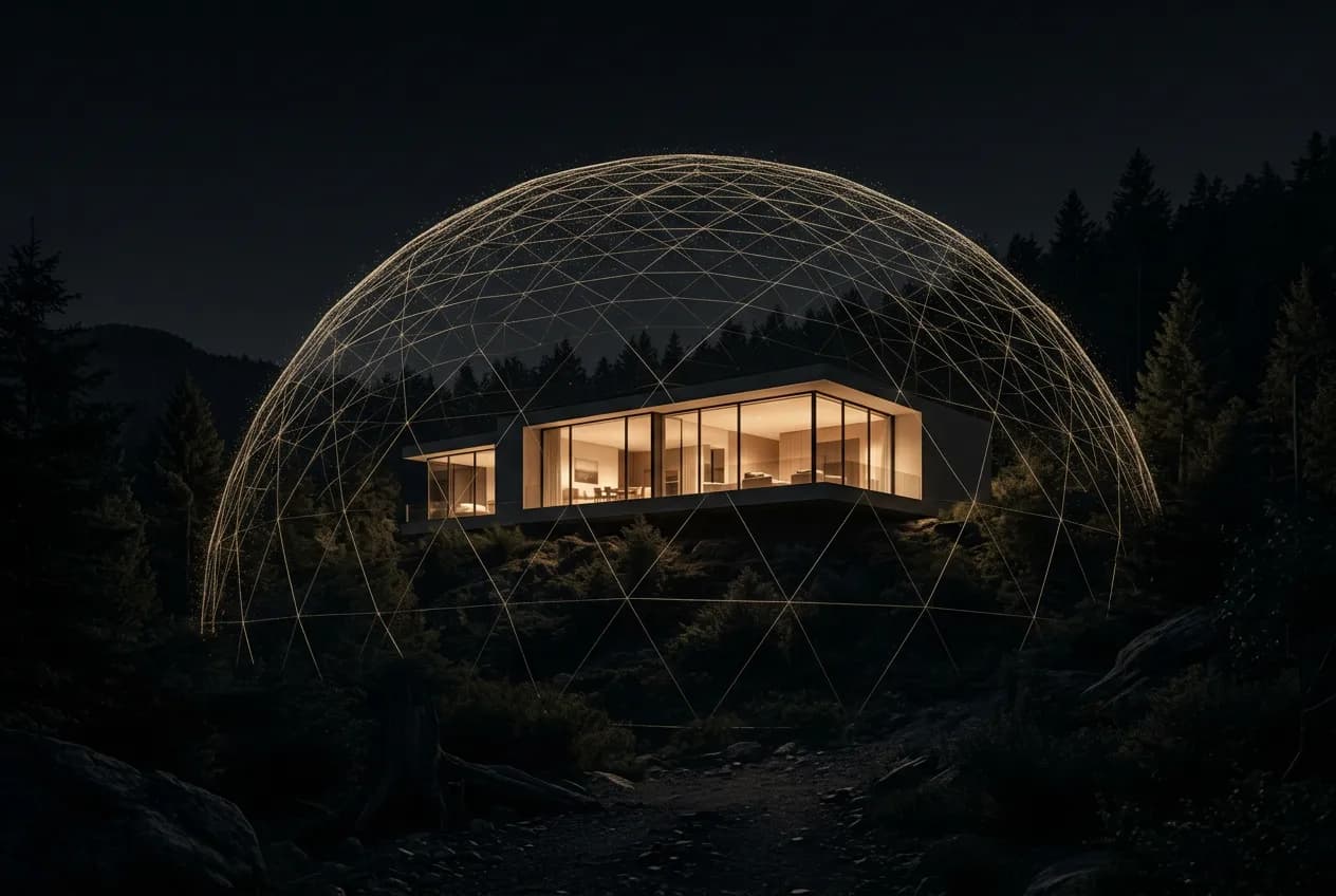 Residencia protegida por una red dorada de luz — protección ejecutiva digital de SimpleCode